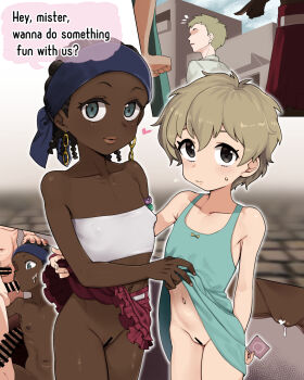 2girls aged_down aqua_dress bandana bar_censor black_eyes blonde_hair blue_bandana censored clothes_lift commission condom condom_wrapper dark-skinned_female dark_skin dress dress_lift earrings english_text fellatio flat_chest georugu13 grey_eyes hatchin_morenos highres jewelry loli looking_at_viewer michiko_to_hacchin multiple_girls nipples no_panties oral penis pixiv_commission prostitution pussy red_skirt rita_ozzetti short_hair skirt skirt_lift sleeveless sleeveless_dress strapless tube_top white_tube_top