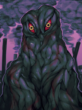1other absurdres black_skin brothercoral colored_sclera colored_skin commentary giant giant_monster godzilla_(series) godzilla_vs._hedorah hedorah highres kaiju looking_at_viewer monster no_mouth outdoors pollution purple_sky red_sclera sky slime_(substance) smog smoke smokestack solo toho yellow_eyes