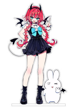 1girl akiyama_enma artist_self-insert bare_legs black_dress blue_eyes boots bow bowtie braid choker demon_tail demon_wings dress earrings fake_horns fangs frilled_dress frills hand_on_own_hip highres horns jewelry lace lace_choker lace_trim long_hair multicolored_hair open_mouth original rabbit red_hair sailor_collar sleeve_cuffs smile streaked_hair tail w wings