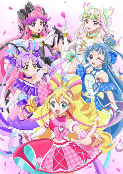 Rule 34 | 5girls, absurdres, ahoge, aokaze nana, bare shoulders, blonde hair, blue bow, blue dress, blue eyes, blue hair, blush, bow, bracelet, braid, breasts, bridal gauntlets, choker, closed mouth, commentary request, cure idol, cure kiss, cure kyunkyun, cure wink, cure zukyuun, detached sleeves, double-parted bangs, dress, earrings, elbow gloves, eyelashes, fortissimo, frilled dress, frilled sleeves, frills, gloves, gradient hair, hair between eyes, hair bow, hair ornament, hair ribbon, hairband, happy, headset, heart, heart-shaped lock, heart hair ornament, highres, jewelry, kimi to idol precure, long hair, looking at viewer, magical girl, medium breasts, meroron (precure), midriff, morishita (moricuremori), multicolored hair, multiple earrings, multiple girls, multiple hair bows, musical note, musical note hair ornament, navel, one eye closed, one side up, open mouth, overskirt, parted bangs, pearl earrings, pink dress, pink hair, pink streaks, plaid bow, plaid clothes, plaid skirt, ponytail, precure, purirun (precure), purple bridal gauntlets, purple choker, purple eyes, purple hair, purple overskirt, purple skirt, purple streaks, ribbon, sakura uta (precure), shigure kokoro, short sleeves, sidelocks, single bare shoulder, skirt, skirt bow, sleeveless, sleeveless dress, smile, strapless, strapless dress, streaked hair, symbol-shaped pupils, tanaka meron, tanaka purin, twin braids, twintails, two-tone hair, v, very long hair, wavy hair, white dress, white hairband, white sleeves, yellow eyes