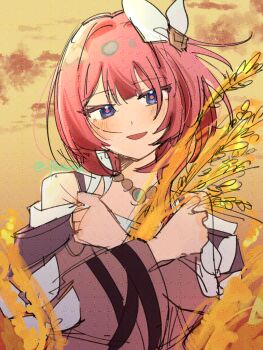 Rule 34 | 1girl, absurdres, bare shoulders, blue eyes, coat, cyrene (aedes elysiae) (honkai: star rail), cyrene (honkai: star rail), hair ornament, highres, holding wheat, honkai: star rail, honkai (series), jewelry, looking at viewer, multicolored hair, necklace, orange sky, outdoors, parted lips, pink hair, ponunu, purple coat, sky, smile, solo, two-tone hair, wheat field, white hair