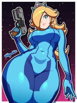 Rule 34 | blonde hair, blue bodysuit, blue eyes, bodysuit, breasts, cosplay, covered navel, crown, earrings, from below, gun, hair over one eye, highres, holding, holding gun, holding weapon, jewelry, large breasts, lips, long hair, looking at viewer, mario (series), metroid, nintendo, nyazuliart, paralyzer, rosalina, samus aran, samus aran (cosplay), silver crown, skin tight, smile, star (sky), taut bodysuit, thick thighs, thighs, weapon, zero suit