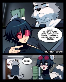 1boy 1girl 3koma afterimage animal_ears artist_name artist_self-insert banknote black_hair blue_eyes blush butter_sugoi comic english_text eyewear_on_head furrification furry furry_female furry_male highres money motion_lines original photo_background pointing red-tinted_eyewear sparkle squirrel_ears squirrel_tail sunglasses tail tail_wagging tinted_eyewear wolf_ears wolf_tail