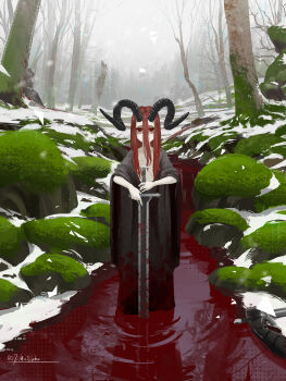 1girl 1other black_horns blood blood_on_clothes bloody_weapon commentary_request demon_horns fantasy forest hair_between_eyes hair_over_mouth highres holding holding_sword holding_weapon horns long_hair long_sword looking_at_viewer matsuba10 moss nature original outdoors planted planted_sword planted_weapon red_eyes red_hair reflection reflective_liquid ripples signature snow snowing solo_focus standing stream sword tree wading weapon winter
