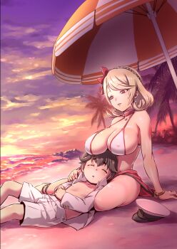1boy 1girl absurdres age_difference azur_lane bad_id bad_pixiv_id beach beach_umbrella bikini black_hair blonde_hair breasts commander_(azur_lane) covered_erect_nipples hetero highres jacket large_breasts long_sleeves onee-shota open_clothes open_jacket outdoors prince_of_wales_(azur_lane) prince_of_wales_(sun_shining_upon_windsor)_(azur_lane) red_eyes short_hair shorts shota shungikuten sleeping sleeping_on_person sunset swimsuit umbrella white_bikini white_jacket white_shorts