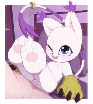 1boy 1girl animal_hands blue_eyes body_fur digimon digimon_(creature) furry furry_female furry_with_non-furry gloves hetero highres interspecies kekitopu missionary one_eye_closed open_mouth paw_gloves penis sex size_difference smile tail tailmon uncensored white_fur