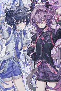 Rule 34 | 2boys, absurdres, bandaid, bandaid on cheek, bandaid on face, belt, black hair, black shirt, black sleeves, blue shorts, demon horns, dragon horns, durin (genshin impact), fake horns, fingerless gloves, genshin impact, gloves, grey shirt, grey sleeves, hair ornament, hair ribbon, hairband, hashtag-only commentary, heart, heart hair ornament, highres, horns, long hair, male focus, mask, mouth mask, multiple boys, necktie, open mouth, pink gloves, pink hair, purple eyes, purple necktie, purple ribbon, purple shorts, red eyes, ribbon, scaramouche (genshin impact), shirt, short hair, shorts, skull hair ornament, spiked hairband, spikes, thigh strap, touyu 1210, wanderer (genshin impact), x hair ornament