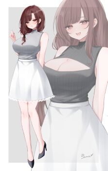 1girl a-line_skirt absurdres arm_behind_back bare_arms bare_legs black_ribbon black_shirt black_shoes blush border breasts brown_eyes brown_hair cleavage cleavage_cutout closed_mouth clothing_cutout commentary commission cowboy_shot different_zoom_layer dot_nose fingernails frilled_skirt frills full_body grey_background grey_shirt hair_over_shoulder hair_ribbon hand_up high_heels highres knees_together_feet_apart large_breasts long_hair looking_at_viewer low-tied_long_hair medium_skirt open_mouth original outside_border ribbed_shirt ribbon sana_(sanamaru_0w0) shirt shirt_tucked_in shoes signature simple_background skeb_commission skirt sleeveless sleeveless_shirt smile solo standing teeth turtleneck turtleneck_shirt variations wavy_mouth white_border white_skirt zoom_layer