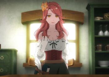 1girl breasts cleavage collarbone flower hair_flower hair_ornament highres large_breasts long_hair lucrezia_(unnamed_memory) red_eyes red_hair solo stitched third-party_edit unnamed_memory