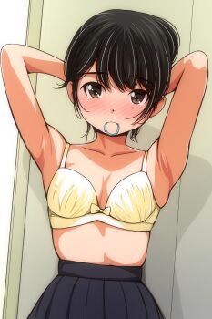 1girl absurdres armpits arms_behind_head arms_up black_hair black_skirt blush bow bow_bra bra breasts brown_eyes collarbone commentary_request hair_tie_in_mouth highres looking_at_viewer matsunaga_kouyou mouth_hold no_shirt nose_blush original pleated_skirt rubber_band skirt small_breasts solo standing tying_hair underwear upper_body yellow_bow yellow_bra