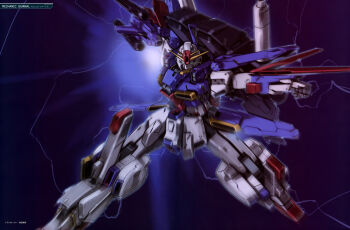 absurdres aeug battle beam_cannon beam_rifle electricity energy energy_gun glowing gundam gundam_perfect_file gundam_zz highres io_takuya looking_at_viewer machinery magazine_scan mecha mecha_focus mobile_suit motion_blur no_humans robot scan scene_reference science_fiction shield space thrusters traditional_media v-fin weapon zero_gravity zz_gundam