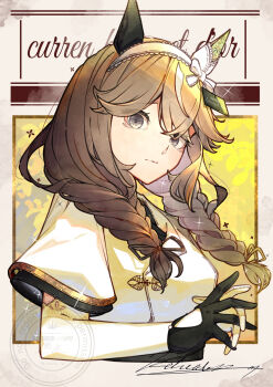 1girl animal_ears asymmetrical_gloves black_gloves braid braided_sidelocks breasts brown_hair character_name closed_mouth commentary_request cropped_torso curren_bouquetd'or_(umamusume) dress ear_covers elbow_gloves gloves grey_eyes hair_between_eyes hairband highres horse_ears horse_girl long_braid long_hair looking_at_viewer low_twin_braids mismatched_ear_covers mismatched_gloves shikahisa_totani short_sleeves solo twin_braids umamusume white_dress white_gloves white_streaks