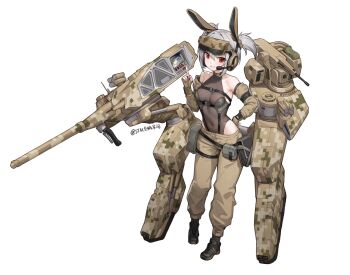1girl ammunition_pouch animal_ears bare_shoulders black_leotard boots breasts brown_eyes brown_gloves brown_pants detached_sleeves fake_animal_ears fingerless_gloves gloves grey_hair headphones heattech_leotard highres leotard looking_at_viewer mecha_musume microphone military navel open_mouth original pants pouch rabbit_ears see-through_clothes see-through_leotard small_breasts solo standing stmast stomach tank_turret teeth turtleneck twintails white_background