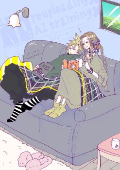1boy 1girl aerith_gainsborough alternate_costume baggy_pants bangle black_pants blonde_hair bracelet braid braided_ponytail brown_hair casual choker closed_eyes cloud_strife couch couple cup dress final_fantasy final_fantasy_vii full_body green_sweater grey_dress hair_between_eyes hetero highres holding holding_cup jewelry leaning_on_person long_dress long_sleeves magazine_(object) pants parted_bangs parted_lips picture_frame pink_slippers reading sidelocks single_braid sitting slippers socks spiked_hair striped_clothes striped_socks sweater sweater_dress under_covers yellow_socks yykoekaki