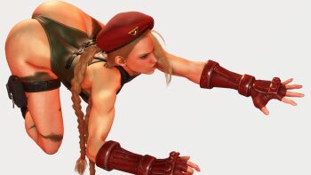 1girl 3d all_fours antenna_hair ass ass_focus bare_shoulders blonde_hair blue_eyes braid breasts cammy_white covered_navel gloves green_leotard hat highleg highleg_leotard highres huge_ass leotard lips long_hair medium_breasts red_hat ryona screencap shiny_clothes solo standing street_fighter street_fighter_6 thighs third-party_edit thong_leotard twin_braids very_long_hair wide_hips