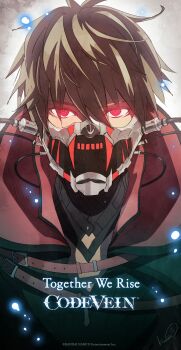 1boy brown_hair cape coat code_vein collared_jacket glowing glowing_eyes highres jacket kurumi_kobayashi looking_at_viewer mask neck official_art red_eyes simple_background tagme text_focus tube
