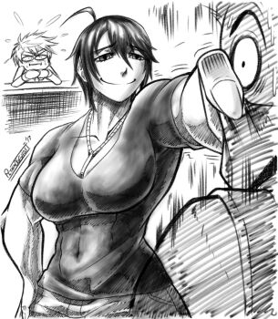 1girl 2017 2boys abs ahoge bare_arms breasts carrying carrying_person chequita_(jormungand) cleavage collarbone commentary constricted_pupils covered_navel desk english_commentary foreshortening formal_clothes hair_between_eyes hair_flaps half-closed_eyes hand_on_own_hip highres holding indoors jewelry jormungand_(manga) kasper_hekmatyar large_breasts looking_at_another mask mature_female monochrome mouth_mask multiple_boys muscular muscular_female necklace own_hands_together perspective pltnm_ghost pout short_hair short_sleeves simple_background smile spiked_hair suit sweat upper_body white_background wide-eyed worried