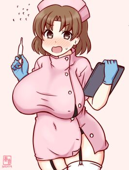 1girl alternate_costume blue_gloves breasts brown_eyes brown_hair chiyoda_(kancolle) clipboard commentary_request dated digital_thermometer dress flying_sweatdrops garter_straps gloves gradient_background hat kanon_(kurogane_knights) kantai_collection large_breasts looking_at_viewer nurse_cap one-hour_drawing_challenge pink_background pink_dress pink_hat short_dress short_hair solo thermometer thighhighs twitter_username white_thighhighs