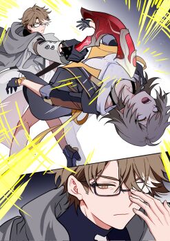 1boy 1girl adjusting_eyewear black-framed_eyewear black_gloves black_skirt blank_eyes bright_pupils brown_eyes brown_hair cane closed_mouth coat glasses gloves grey_coat grey_hair grey_scarf hair_between_eyes highres holding holding_cane honkai:_star_rail honkai_(series) knockout long_sleeves multicolored_hair opaque_glasses open_mouth partially_opaque_glasses rectangular_eyewear scarf serious short_hair sideburns skirt stelle_(honkai:_star_rail) streaked_hair trailblazer_(honkai:_star_rail) two-tone_hair welt_yang white_hair white_pupils yuelinpanp98413