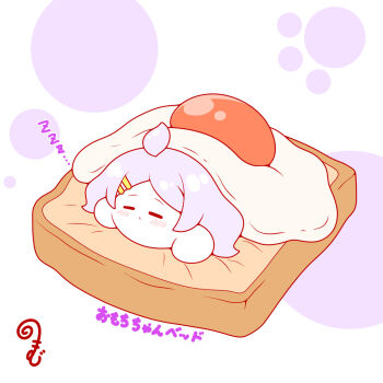 ahoge blue_archive blush bread bread_slice chibi closed_eyes closed_mouth food fried_egg fried_egg_on_toast grey_hair hair_ornament hairclip highres hina_(blue_archive) in_food kurukurumagical long_hair parted_bangs single_hair_intake sleeping solo toast translation_request zzz