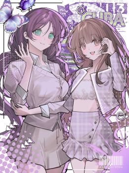 2girls absurdres bandeau barcode blue_butterfly blush breasts brown_eyes brown_hair bug butterfly button_up_skirt cardigan closed_mouth collarbone collared_shirt colored_shadow commentary_request commission commissioner_insert cowboy_shot crepe_commission dress_shirt drop_shadow fuzzy_clothes green_eyes grey_skirt halftone hand_up highres insect jacket jjanggeukgom korean_commentary long_hair love_live! love_live!_school_idol_project medium_breasts mole mole_on_cheek multiple_girls oc_x_canon open_clothes open_jacket original plaid_clothes plaid_skirt purple_skirt purple_theme second-party_source shadow shibuya_haruka_(sugarlesskoi) shirt skirt smile standing tojo_nozomi twintails unmoving_pattern white_shirt