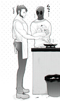 2boys animal apron ass beard commentary_request cooking couple deadpool deadpool_&amp;_wolverine deadpool_(series) dog doghooouse dogpool facial_hair from_side frying_pan full_body greyscale hello_kitty highres holding holding_animal holding_dog holding_frying_pan hug indoors kitchen long_sleeves male_focus marvel marvel mask monochrome multiple_boys muscular muscular_male open_mouth pants pectorals sanrio shoes short_hair standing sweater tank_top trash_can wolverine_(x-men) x-men yaoi