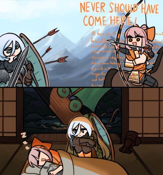 2girls absurdres armor arrow_(projectile) blocking boat bow bow_(weapon) centurii-chan chainmail commentary dakimakura_(object) drawing_bow english_commentary english_text expressionless fingerless_gloves fur_collar futon gloves green_eyes hair_bow high_ponytail highres holding holding_bow_(weapon) holding_shield holding_sword holding_weapon horseback_riding japanese_armor kusazuri leather leather_gloves long_hair mountain multiple_girls navy_seal_copypasta_(meme) original pillow pond ponytail profanity riding samurai_(centurii-chan) scabbard sheath shield shoulder_armor sleeping sode sword vambraces viking viking_(centurii-chan) watercraft weapon white_hair wide-eyed