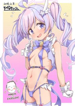 1girl :d adversarial_noise ahoge artist_name blue_archive blue_eyes blush border bow bowtie breasts cameltoe cowboy_shot dated doodle_sensei_(blue_archive) drill_hair earrings flying_sweatdrops gloves gradient_background groin hair_ornament halo hand_up highres jewelry kanabun loli long_hair looking_at_viewer multicolored_hair one-piece_swimsuit open_mouth outside_border pink_hair pink_halo purple_background purple_bow purple_bowtie purple_hair purple_one-piece_swimsuit reisa_(blue_archive) reisa_(magical)_(blue_archive) sensei_(blue_archive) small_breasts smile standing star_(symbol) star_earrings star_hair_ornament star_halo streaked_hair swimsuit thighhighs twin_drills two-tone_hair variant_set white_border white_gloves white_wrist_cuffs wrist_cuffs yellow_background