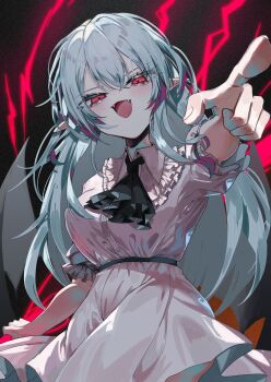 1girl alternate_breast_size_(larger) alternate_hair_length alternate_hairstyle ascot bat_wings belt black_ascot black_belt blue_hair blush breasts buttons collared_dress commentary dress fang frilled_dress frills hair_between_eyes highres holding holding_weapon huge_breasts lace long_hair looking_at_viewer muraryo open_mouth pointing pointy_ears puffy_short_sleeves puffy_sleeves red_eyes remilia_scarlet short_sleeves sleeve_garter solo touhou vampire weapon wings