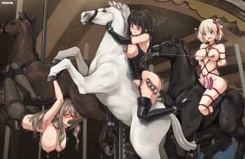 3girls absurdres anal anal_beads anal_object_insertion bdsm black_boots black_hair black_pantyhose blonde_hair bondage boots bound breasts carousel dildo dildo_riding elbow_gloves glasses gloves grey_hair highres inoue_takina large_breasts long_hair lycoris_recoil medium_breasts multiple_girls nakahara_mizuki nipple_bells nipple_piercing nipple_rings nipples nishikigi_chisato object_insertion pantyhose piercing restrained sex_toy shibari short_hair suspension thigh_boots twintails vaginal vaginal_object_insertion yaya_(17201490)