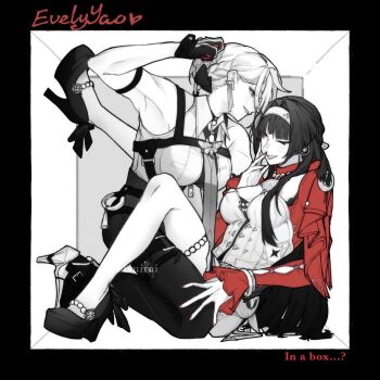 2girls armpits astra_yao between_legs breasts cleavage collared_shirt commentary dress english_commentary evelyn_chevalier greyscale hair_bun hairband high_heels highres large_breasts long_hair looking_at_another monochrome multiple_girls muscular muscular_female one_eye_closed pants red_dress shirt smile spot_color stuck_in_a_box suimi_esse thigh_strap yuri zenless_zone_zero