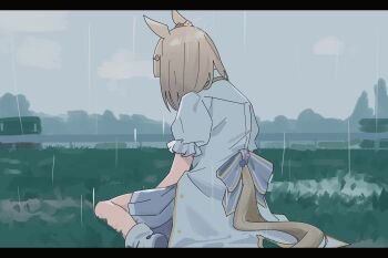 1girl absurdres animal_ears arched_bangs blunt_bangs ear_ornament flower hair_flower hair_ornament hairclip happy_meek_(umamusume) highres horse_ears horse_girl horse_racing_track horse_tail medium_hair myticalcat rain shirt short_hair short_sleeves skirt solo tail umamusume