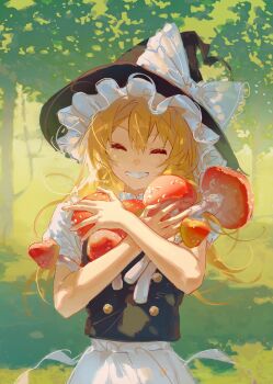 1girl ^_^ apron back_bow black_hat black_vest blonde_hair blouse blush bow braid closed_eyes dau fly_agaric green_theme grin hat hat_bow hat_ribbon highres holding kirisame_marisa mushroom outdoors ribbon sash sheya_tin shirt single_braid smile solo standing teeth touhou tree upper_body vest waist_apron white_apron white_bow white_ribbon white_sash white_shirt witch_hat