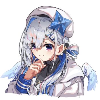 Rule 34 | 1girl, amane kanata, amane kanata (1st costume), angel wings, aqua wings, blue bow, blue hair, bow, closed mouth, colored inner hair, commentary request, feathered wings, gradient wings, halo, highres, hololive, looking at viewer, looking back, mini wings, multicolored hair, multicolored wings, purple eyes, shirt, simple background, single hair intake, star halo, u da desu, upper body, virtual youtuber, white background, white hair, white shirt, white wings, wings, yellow halo