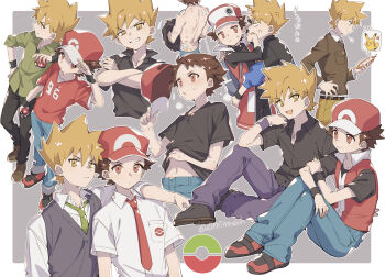 2boys 88_(einnimnech) alternate_costume bandaid black_pants blue_oak blue_oak_(sygna_suit) breast_pocket brown_hair brown_shoes clothes_lift collared_shirt commentary_request gen_1_pokemon green_necktie green_shirt hat highres holding holding_phone holding_poke_ball holding_unworn_clothes holding_unworn_hat lifting_own_clothes male_focus multiple_boys multiple_views necktie nintendo official_alternate_costume pants phone pikachu pocket poke_ball poke_ball_(basic) pokemon pokemon_frlg pokemon_hgss pokemon_masters_ex red_(pokemon) red_(sygna_suit)_(pokemon) red_hat red_necktie shirt shirt_lift shoes short_hair short_sleeves spiked_hair t-shirt unworn_hat unworn_headwear vest white_shirt wristband