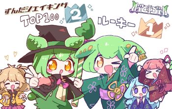 &gt;_&lt; &gt;_o 4girls :d ;d animal_ears black_hat blue_eyes blue_kimono blush_stickers bow bowtie closed_eyes commentary_request edamame green_hair green_kimono hat highres japanese_clothes kasukabe_tsumugi kimono kotonoha_akane kotonoha_aoi long_hair long_sleeves multiple_girls nekomo_(yumenkmc) one_eye_closed open_mouth pink_bow pink_bowtie red_kimono simple_background smile voiceroid voicevox white_background wide_sleeves witch_hat xd yellow_eyes zundamon