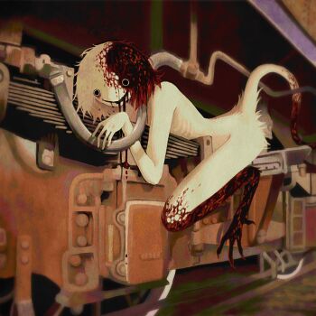 1other blood body_fur commentary drooling ember_(jejejunum) english_commentary horror_(theme) jejejunum locomotive machine machinery mechanophilia monster_boy multicolored_hair original rust saliva short_hair skinny smile solo spirit split-color_hair train