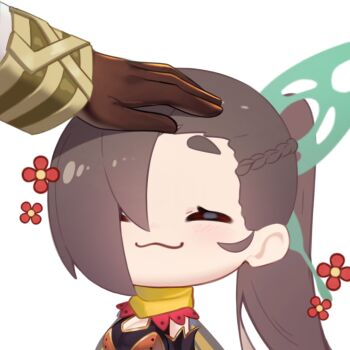 1girl 1other :3 breasts brown_hair butterfly_hair_ornament chibi cleavage commission commissioner_upload fire_emblem fire_emblem_fates fire_emblem_heroes food_print fruit_print hair_ornament hair_over_one_eye headpat highres kagero_(fire_emblem) kagero_(resplendent)_(fire_emblem) kiran_(fire_emblem) large_breasts long_hair nintendo non-web_source official_alternate_costume ponytail smile solo_focus watermelon_print