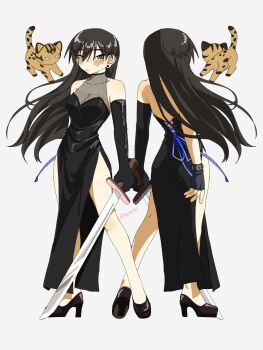 Rule 34 | 1girl, alternate costume, artist name, asymmetrical gloves, azumanga daiou, backless dress, backless outfit, bare shoulders, black dress, black eyes, black footwear, black gloves, black hair, blush, breasts, brown cat, cat, cleavage, closed mouth, collarbone, commentary, dress, earrings, elbow gloves, embarrassed, english commentary, expressionless, facing away, fingerless gloves, fishnets, floating hair, gloves, hair between eyes, halterneck, high heels, highres, holding, holding sword, holding weapon, jewelry, kyuunn, lace-up, large breasts, long hair, looking at viewer, mayaa (azumanga daioh), multiple views, sakaki (azumanga daioh), shoes, side slit, signature, simple background, stud earrings, sword, very long hair, weapon, white background, wind