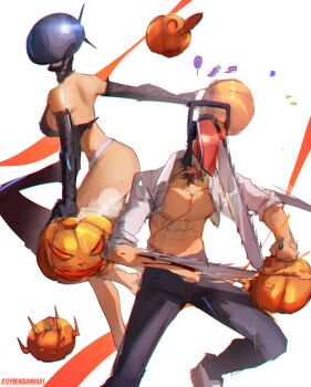 1boy 1girl absurdres alternate_form apron black_apron black_pants bomb_devil_(chainsaw_man) breasts candy chainsaw chainsaw_man denji_(chainsaw_man) elbow_gloves food gloves highres holding holding_pumpkin jack-o&#039;-lantern lollipop long_tongue medium_breasts panties pants pochita_(chainsaw_man) power_(chainsaw_man) pumpkin sharp_teeth stephengiannart teeth tongue underwear white_panties