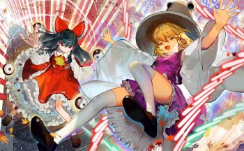 2girls ascot autumn_leaves bare_shoulders between_fingers black_footwear black_hair blonde_hair bow brown_footwear brown_headwear closed_mouth cobblestone collar collared_vest cross-laced_vest danmaku detached_sleeves eyelashes fighting frilled_bow frilled_collar frilled_skirt frills frown game_cg hair_bow hair_down hair_ribbon hakurei_reimu hat holding kazeto leaf long_sleeves medium_hair miniskirt moriya_suwako multiple_girls official_art ofuda ofuda_between_fingers open_mouth orb outstretched_arms over-kneehighs path purple_skirt purple_vest red_bow red_eyes red_ribbon red_skirt red_vest ribbon ribbon-trimmed_skirt ribbon-trimmed_sleeves ribbon_trim road shirt shoes skirt skirt_set smile socks thighhighs touhou touhou_cannonball turtleneck v-shaped_eyebrows vest white_collar white_shirt white_socks wide_sleeves yellow_ascot yellow_eyes yin_yang yin_yang_orb