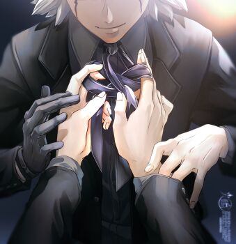 2boys absurdres adjusting_clothes adjusting_gloves black_gloves black_jacket black_ribbon closed_mouth collared_shirt dr._stone dress_shirt dressing dressing_another formal_clothes gloves grey_shirt head_out_of_frame highres jacket long_sleeves male_focus mitsuru_(aica_hikari) multiple_boys neck_ribbon necktie open_clothes open_jacket out_of_frame pov pov_hands ribbon shirt short_hair single_glove smile solo_focus stanley_snyder_(dr.stone) tying upper_body white_hair xeno_(dr.stone)