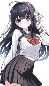 1girl black_sailor_collar black_skirt blush bow bowtie closed_mouth commentary_request cowboy_shot hair_ribbon hand_up highres long_hair long_sleeves looking_at_viewer looking_to_the_side midriff_peek original pleated_skirt purple_eyes red_bow red_bowtie ribbon sailor_collar school_uniform serafuku shirt simple_background skirt smile solo standing turning_head tyutaka0427 very_long_hair white_background white_ribbon white_shirt wispy_bangs