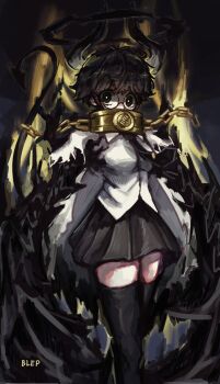 1girl artist_name aura black_eyes black_hair black_halo black_hands black_horns black_necktie black_skirt black_tail black_thighhighs bleparts breasts bright_pupils broken broken_chain cape chain collar colored_extremities commentary demon_tail e.g.o_(project_moon) english_commentary feet_out_of_frame glasses gold_chain gold_collar halo highres horns limbus_company looking_at_viewer medium_breasts messy_hair metal_collar necktie oversized_forearms oversized_limbs pleated_skirt procuration_(e.g.o) project_moon round_eyewear shirt short_hair skirt solo sora_(project_moon) tail thighhighs thighs tie_clip white_cape white_pupils white_shirt zettai_ryouiki
