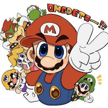 1girl 5boys blonde_hair blue_overalls bowser brown_hair crown dinosaur dress earrings facial_hair gloves green_hat green_shirt hat highres horns jewelry long_hair long_sleeves looking_at_viewer luigi mario mario_(series) mimimi_(mimimim9999) multiple_boys mustache nintendo open_mouth overalls pink_dress princess princess_peach purple_overalls red_hair red_hat red_shirt reptile_boy shirt short_hair short_sleeves smile upper_body v wario white_background white_gloves yellow_hat yoshi