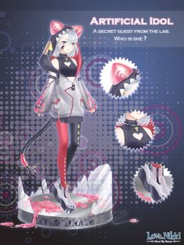 1girl animal_ears aqua_eyes arrow_(symbol) arrow_print arrow_tattoo artificial_idol_(miracle_nikki) artist_request asymmetrical_bangs asymmetrical_legwear bead_necklace beads belt black_background black_belt black_hood black_pantyhose black_shirt black_skirt boots cable cat_ears cat_girl cat_tail character_name cleavage_cutout close-up clothing_cutout copyright_logo cross cross_necklace ears_through_headwear english_text facial_tattoo full_body glass_shards grey_jacket hair_between_eyes halftone halftone_background happy heart_cutout hood hood_up hooded_jacket idol jacket jewelry logo long_sleeves mechanical_ears mechanical_tail medium_hair microskirt miracle_nikki mismatched_legwear necklace nikki_(series) official_art pantyhose partially_unzipped platform_boots pocket print_hood print_pantyhose puffy_long_sleeves puffy_sleeves red_hood red_pantyhose shirt skirt sleeveless sleeveless_shirt sleeves_past_wrists slime_(substance) solo standing striped_clothes striped_shirt tail tattoo third-party_source turtleneck turtleneck_shirt two-sided_hood vertical-striped_clothes vertical-striped_shirt white_boots white_hair zipper zipper_pull_tab