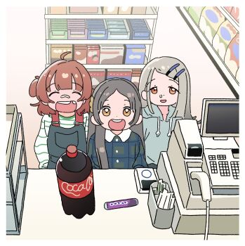 3girls aged_down blonde_hair brown_hair child diet_coke_and_mentos_(meme) dismal_poop gakuen_idolmaster hair_ornament hairclip hanami_ume highres idolmaster kuramoto_china meme mentos multiple_girls orange_eyes orange_hair runny_nose shinosawa_hiro snot soda yellow_eyes