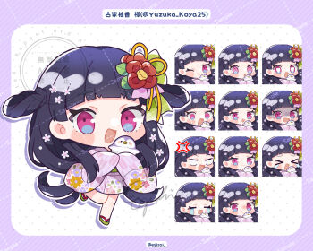 1girl :d black_hair blunt_bangs blush_stickers bow braid braided_hair_rings character_name chibi chibi_only commentary_request egissi flower full_body green_bow green_sandals hair_bow hair_flower hair_ornament hair_rings highres indie_virtual_youtuber japanese_clothes kimono long_hair long_sleeves looking_at_viewer multiple_expressions open_mouth pink_eyes pink_kimono sandals smile standing standing_on_one_leg twitter_username virtual_youtuber watermark white_background wide_sleeves yuzuka_koya