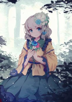 1girl blue_flow blue_flower bouquet closed_mouth commentary contrast_collar coria day flower forest frilled_shirt_collar frilled_skirt frilled_sleeves frills green_eyes green_skirt hair_flower hair_ornament highres holding holding_bouquet komeiji_koishi light_particles long_sleeves looking_at_viewer medium_hair nature outdoors red_flower shirt skirt smile solo symbol-only_commentary third_eye touhou tree white_flower wide_sleeves yellow_shirt