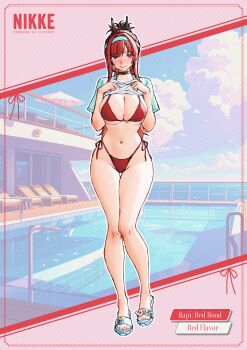 1girl absurdres bikini breasts character_name clothes_lift copyright_name draw_and_erase full_body goddess_of_victory:_nikke highres large_breasts lifting_own_clothes looking_at_viewer navel official_alternate_costume official_alternate_hairstyle ponytail pool rapi_(nikke) rapi_(red_hood)_(nikke) rapi_(red_hood)_(red_flavor)_(nikke) red_bikini red_eyes red_hair shirt_lift side-tie_bikini_bottom solo swimsuit thighs